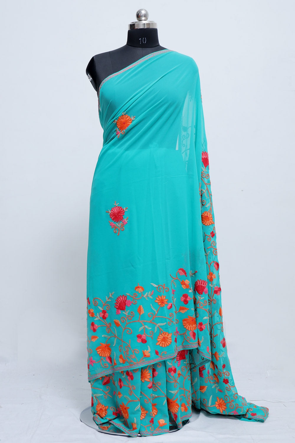 Sea Green Colour Georgette Saree With Beautiful Multicolour