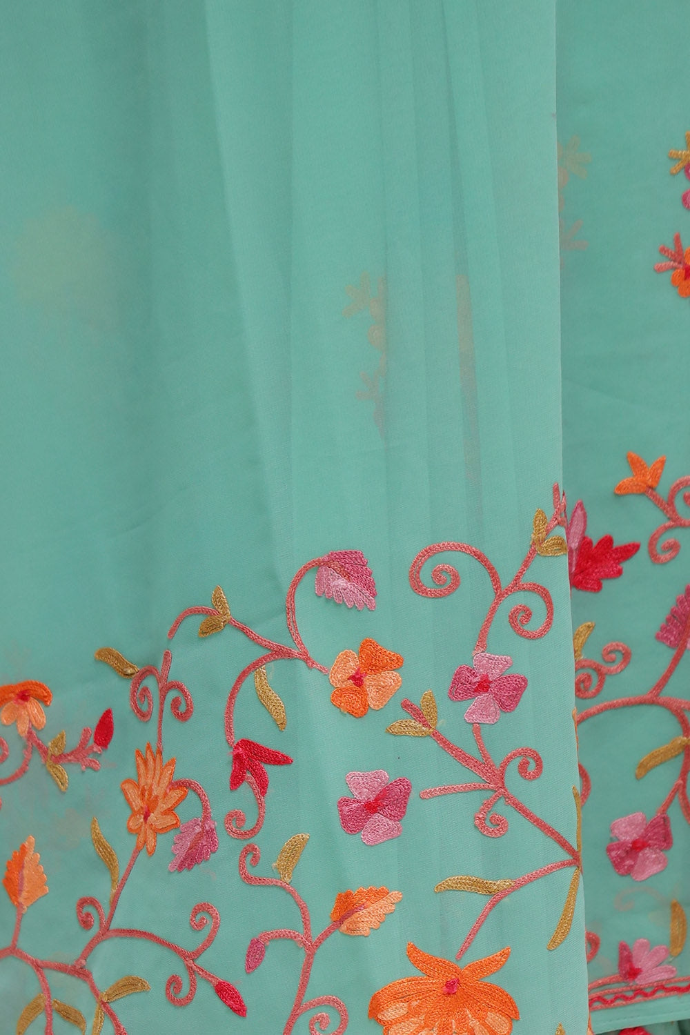 Sea Green Colour Georgette Saree With Beautiful Multicolour