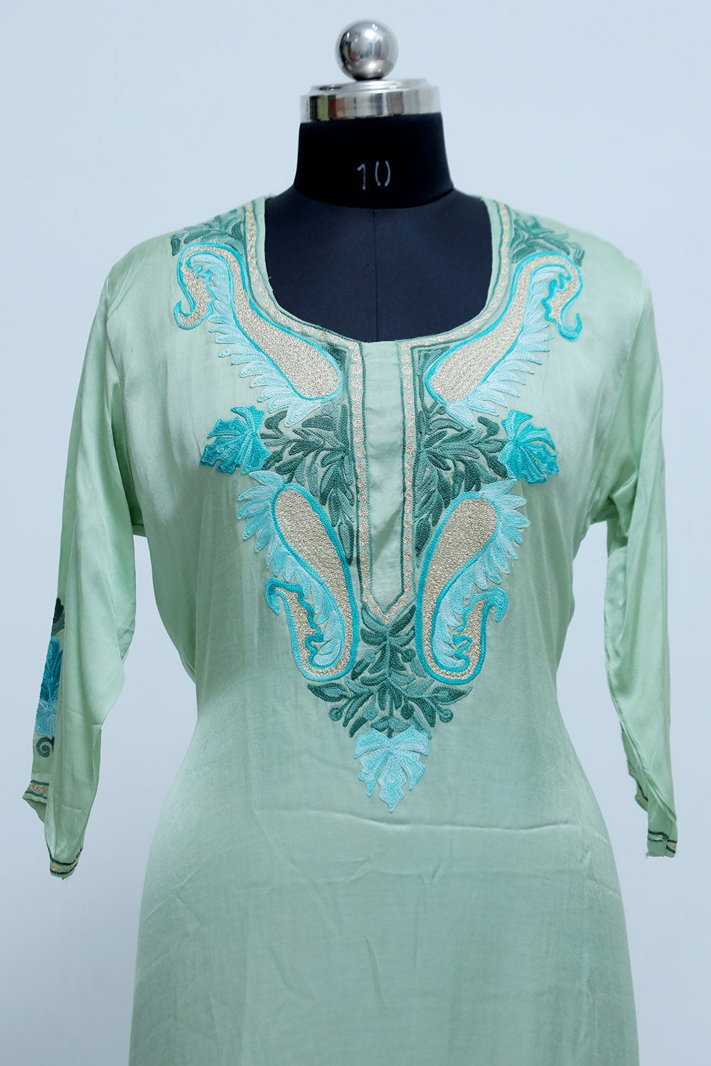 Green Colour Kashmiri Crepe Kurti With Beautiful Aari