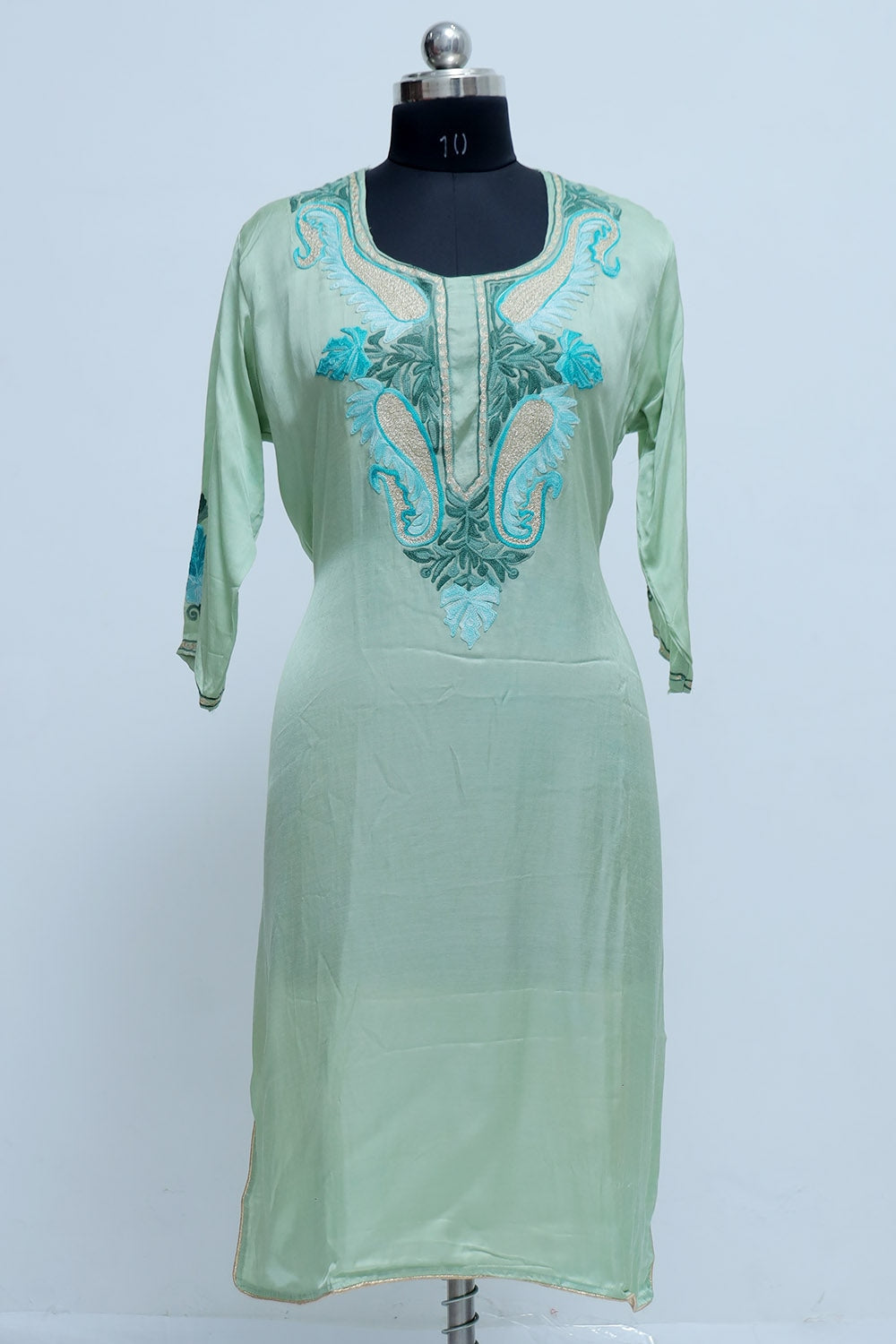 Green Colour Kashmiri Crepe Kurti With Beautiful Aari