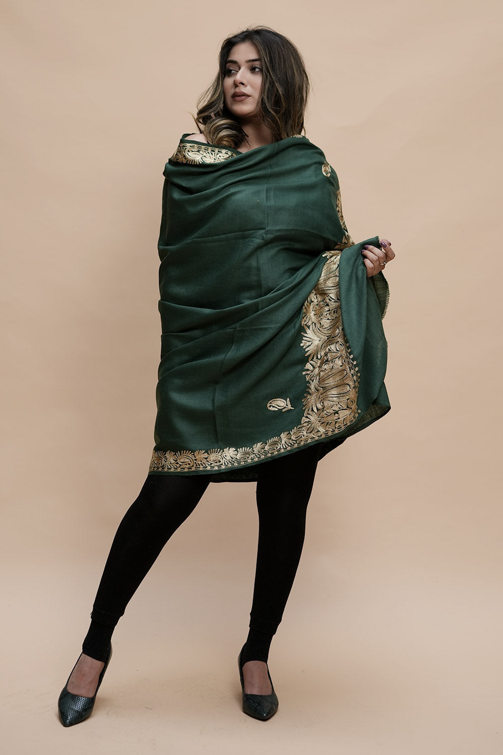 Green Colour Semi Pashmina Shawl Enriched With Ethnic Heavy