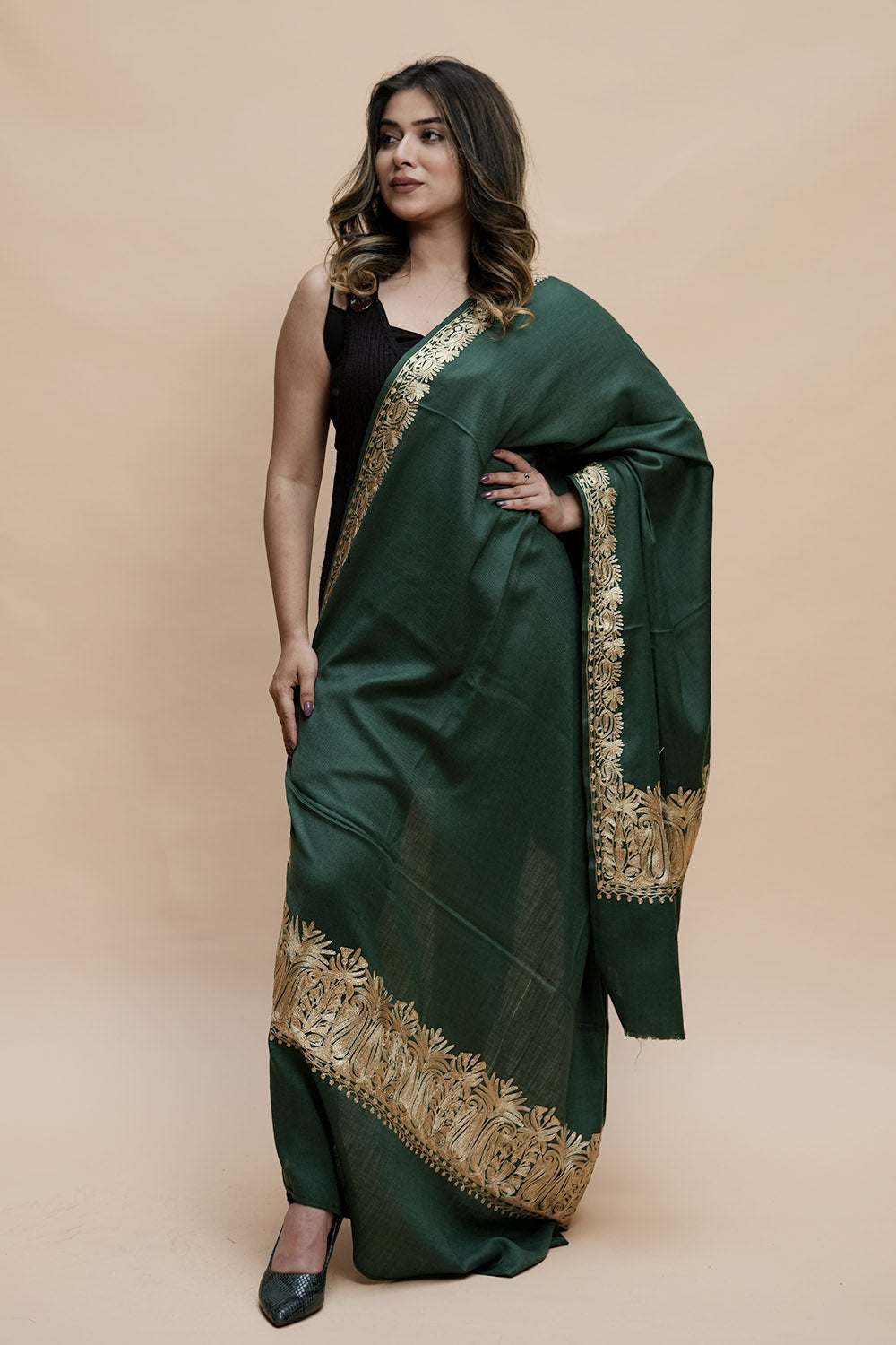 Green Colour Semi Pashmina Shawl Enriched With Ethnic Heavy