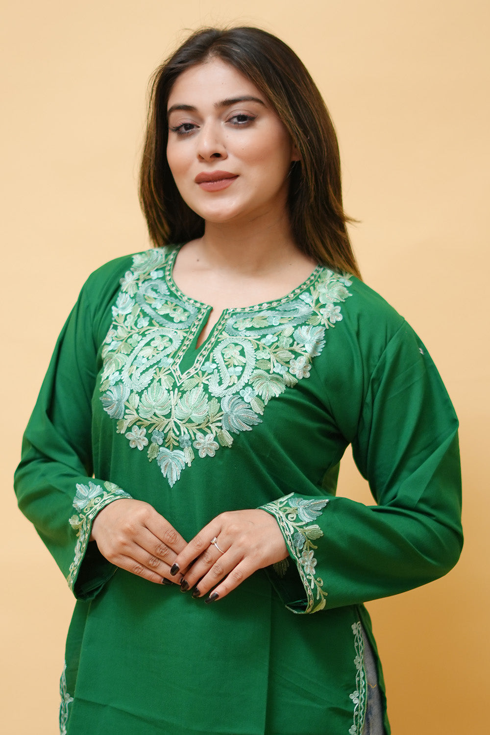 Green Cotton Aari Work Kurti With Multicoloured Neckline