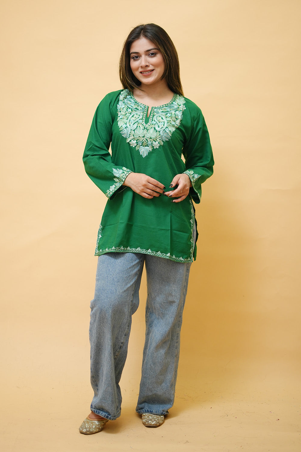 Green Cotton Aari Work Kurti With Multicoloured Neckline