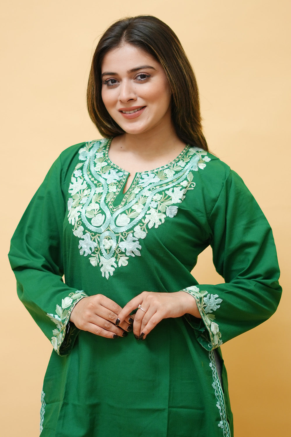 Green Cotton Aari Work Kurti With Multicoloured Neckline