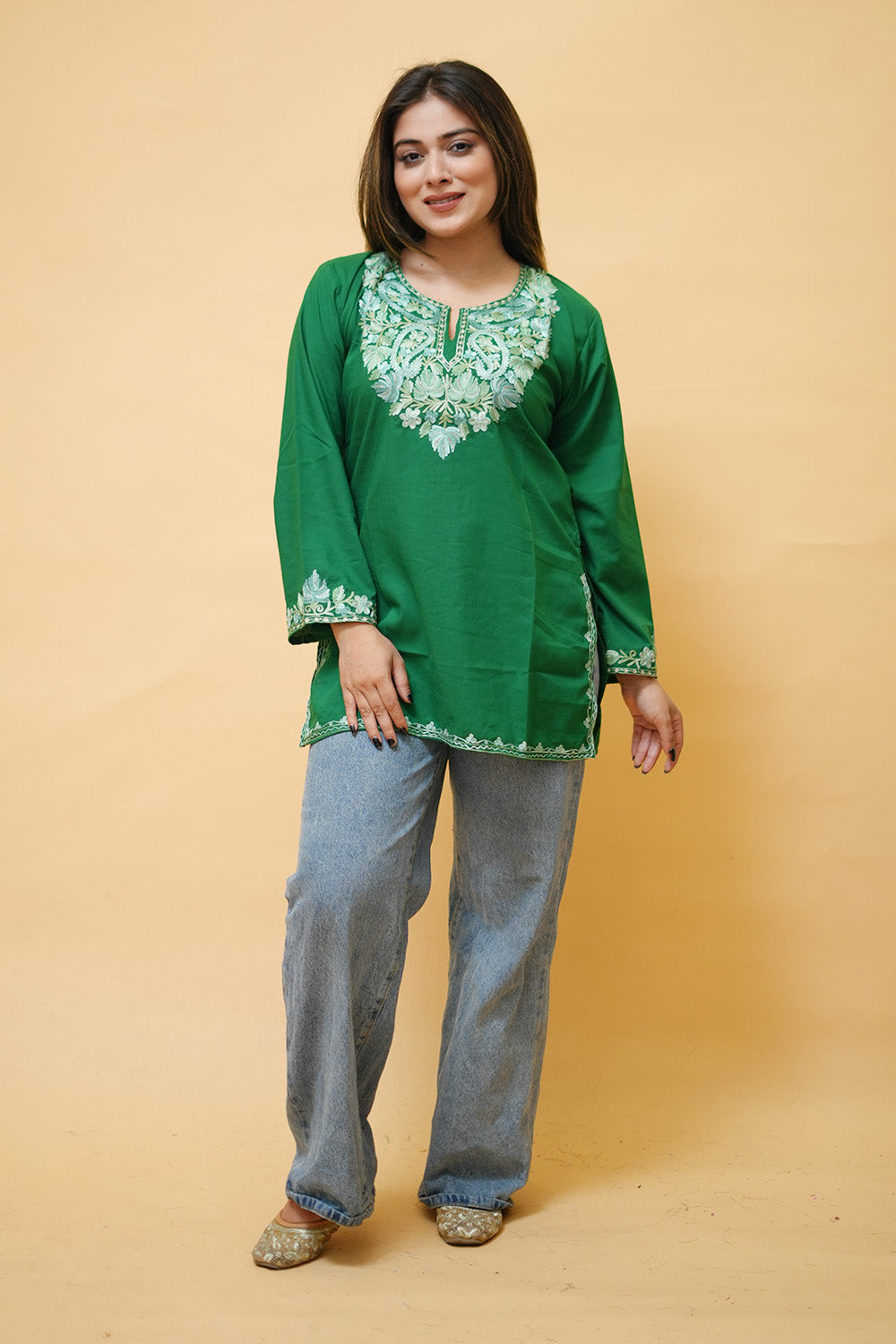Green Cotton Aari Work Kurti With Multicoloured Neckline