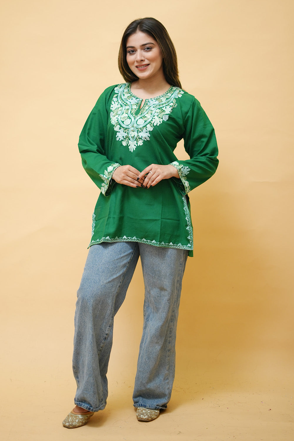 Green Cotton Aari Work Kurti With Multicoloured Neckline