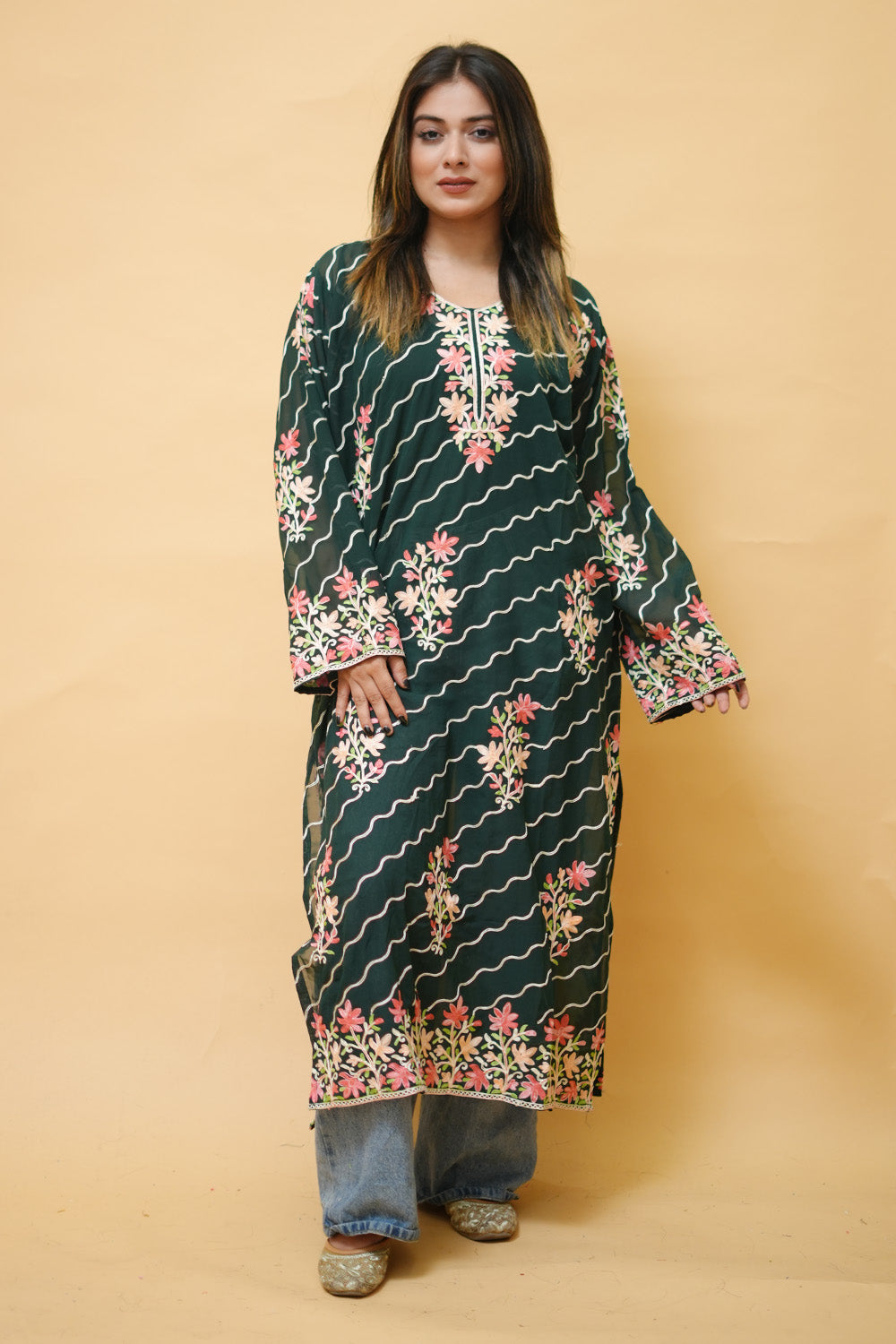 Green Diagonal Kashmiri Kurti With Multicolour all over
