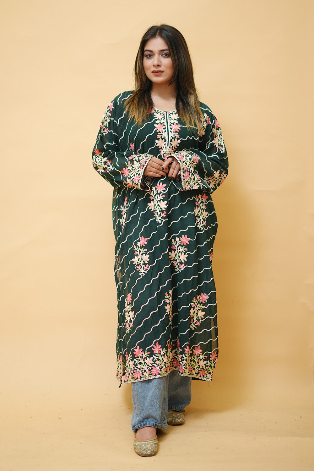 Green Diagonal Kashmiri Kurti With Multicolour all over