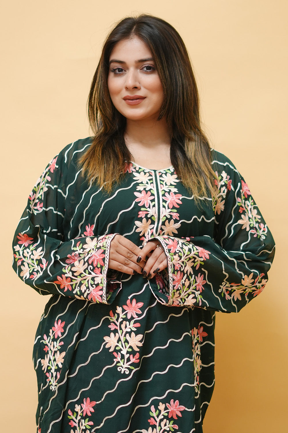 Green Diagonal Kashmiri Kurti With Multicolour all over