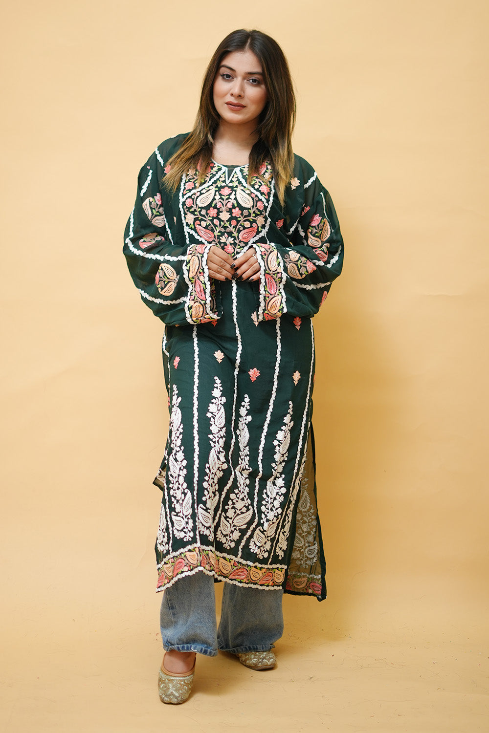 Green Lining Kashmiri Kurti With Multicolour all over Front