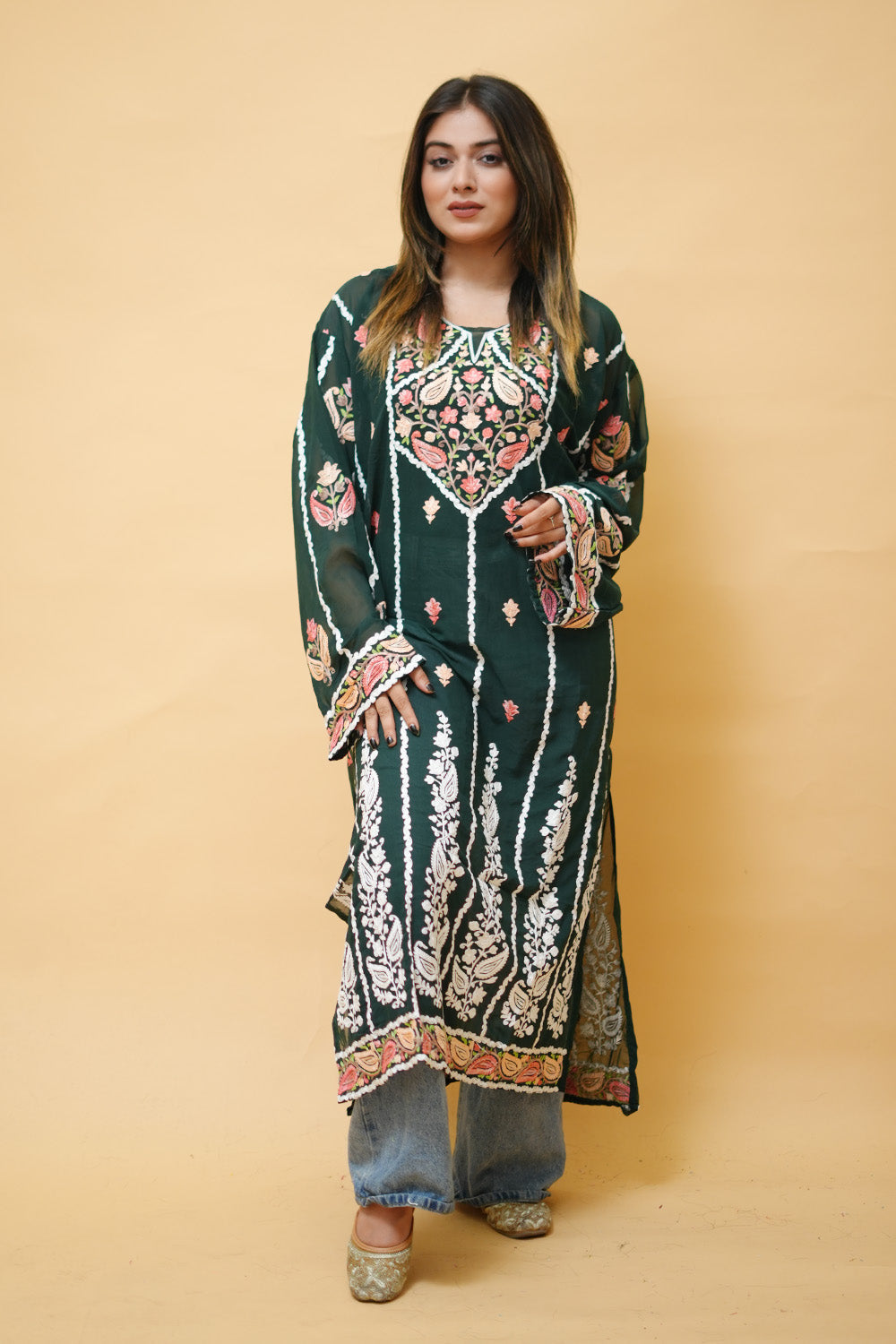 Green Lining Kashmiri Kurti With Multicolour all over Front