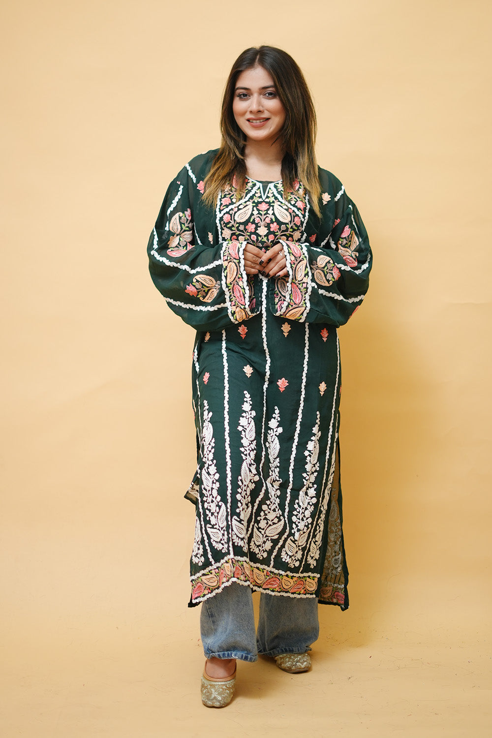 Green Lining Kashmiri Kurti With Multicolour all over Front