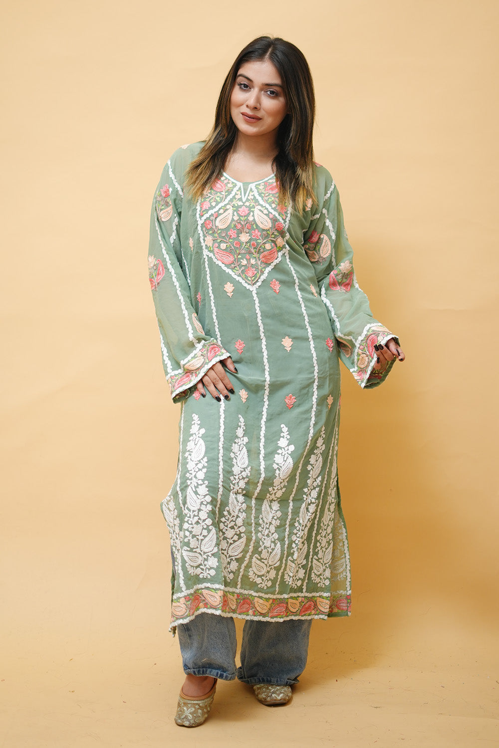 Green Lining Kashmiri Kurti With Multicolour all over Front