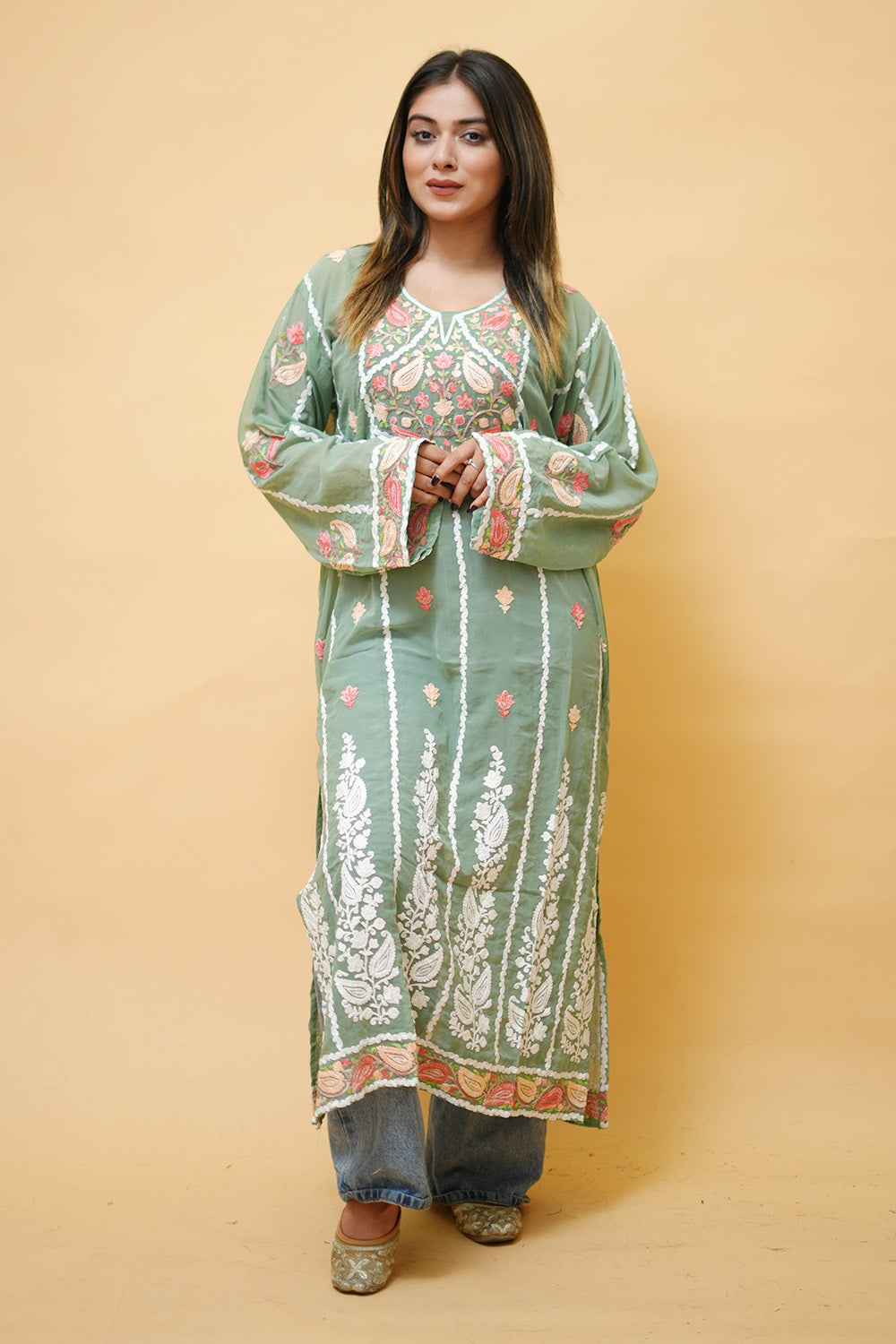 Green Lining Kashmiri Kurti With Multicolour all over Front