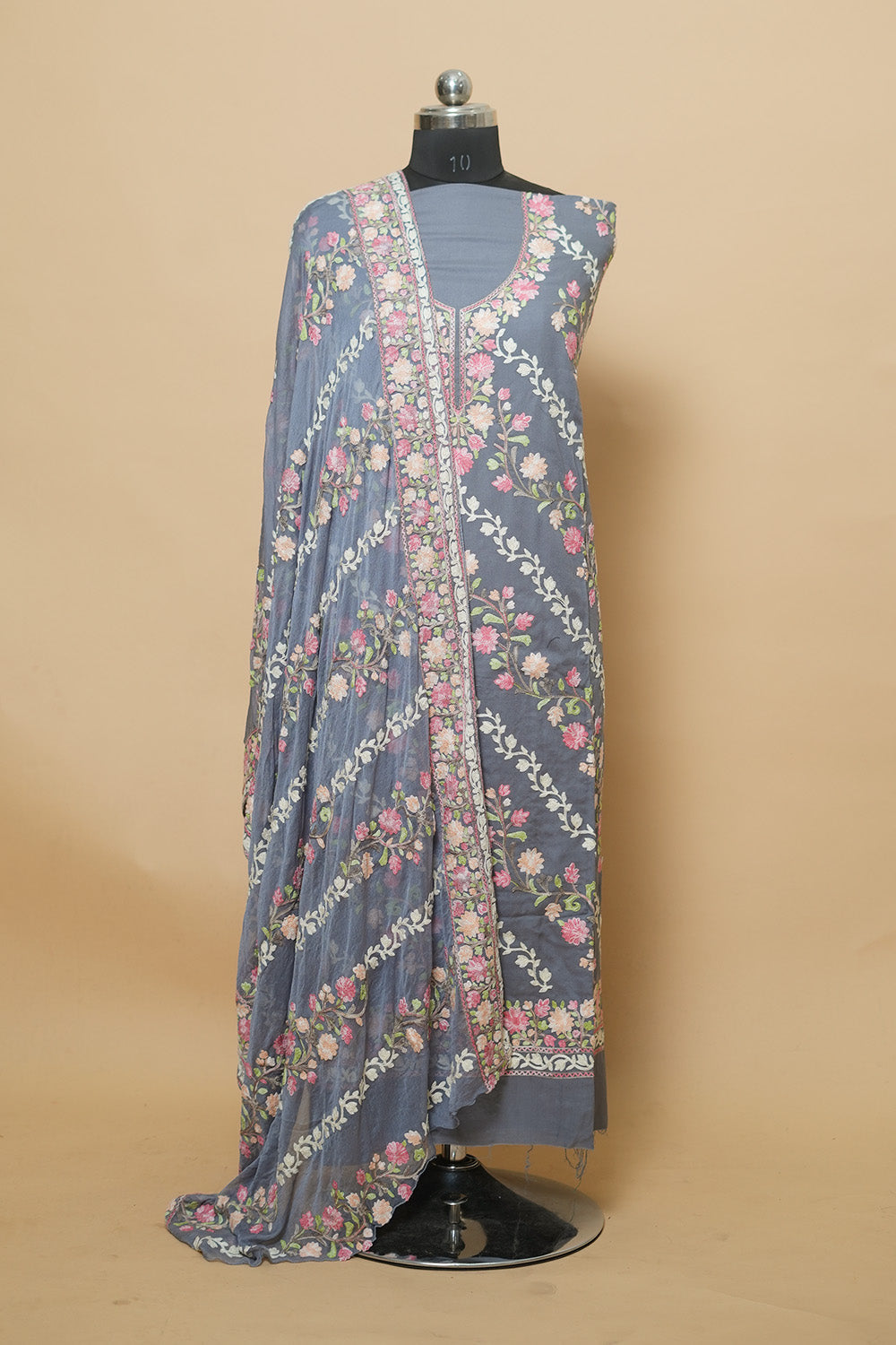 Grey Aari Work Salwar Kameez With Chinar Heavy Jaal Pattern