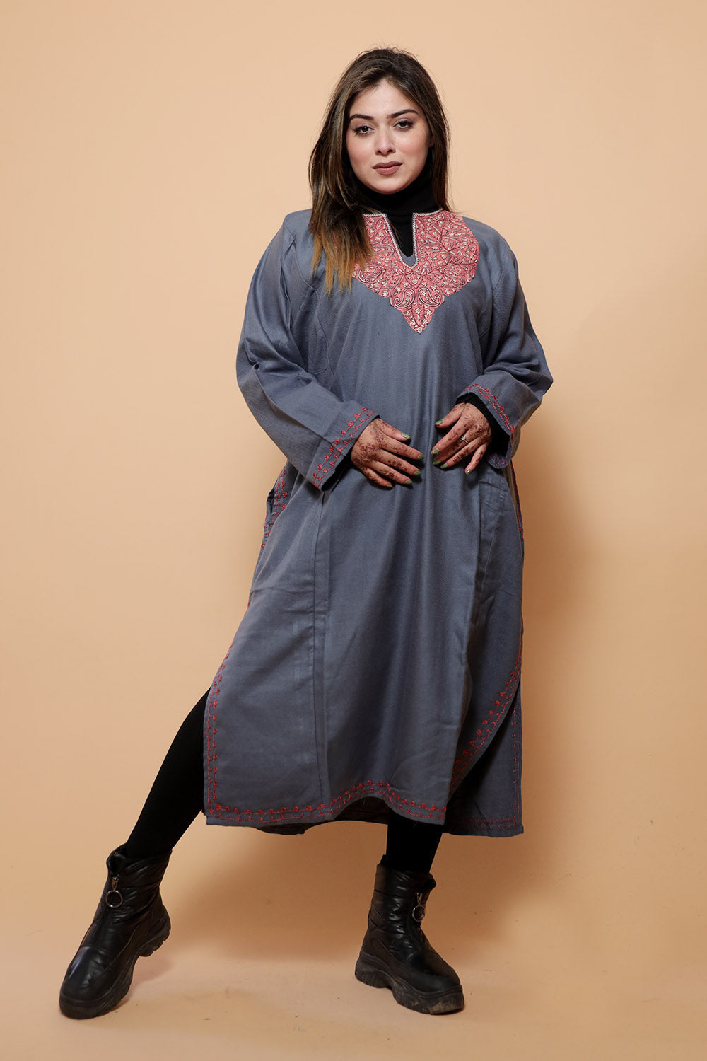 Grey Color Kashmiri Work Embroidered Phiran Enriched