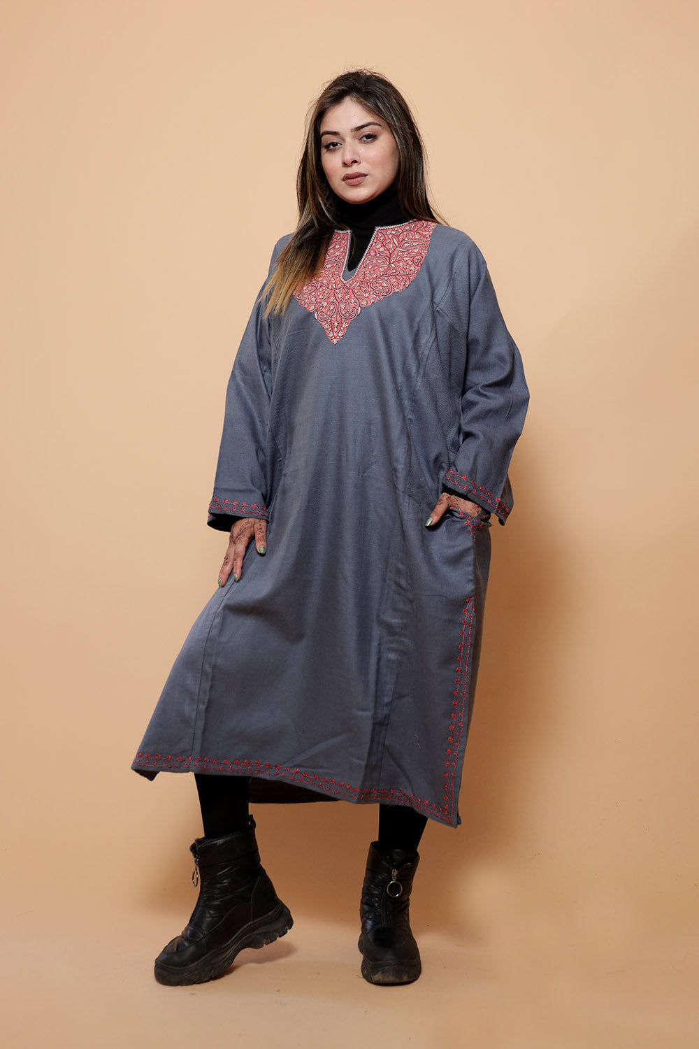 Grey Color Kashmiri Work Embroidered Phiran Enriched
