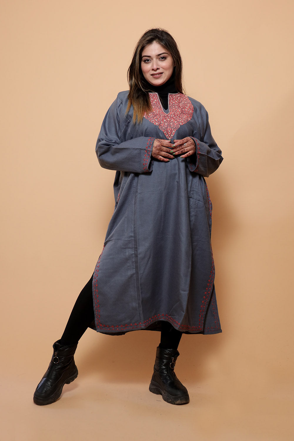 Grey Color Kashmiri Work Embroidered Phiran Enriched