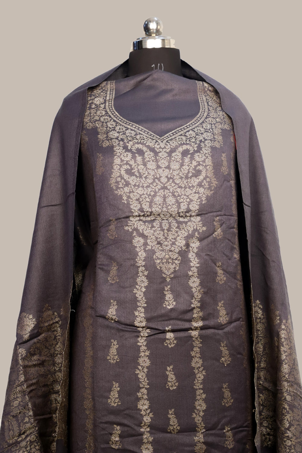 Grey Color Woolen Kashmiri Kani Work Unstitched Suit Fabric