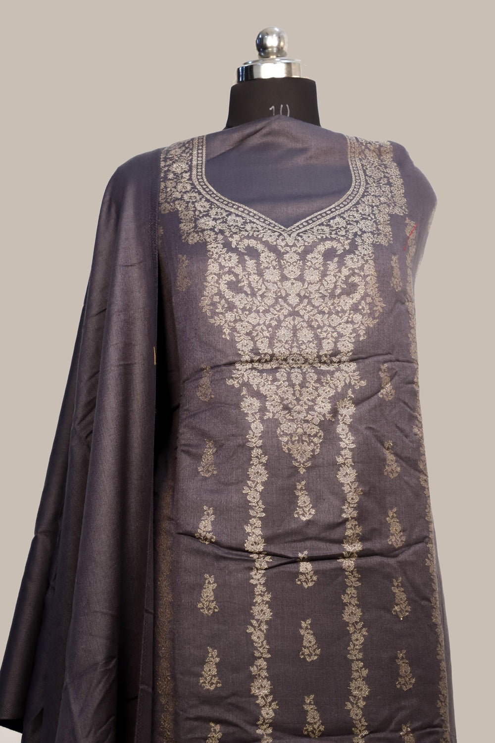 Grey Color Woolen Kashmiri Kani Work Unstitched Suit Fabric