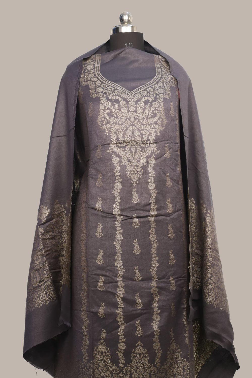 Grey Color Woolen Kashmiri Kani Work Unstitched Suit Fabric