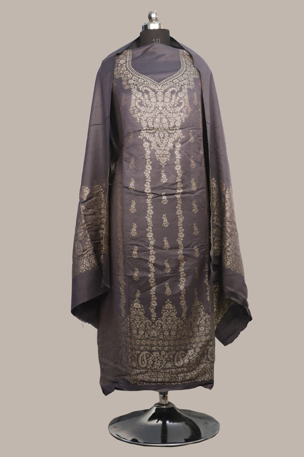 Grey Color Woolen Kashmiri Kani Work Unstitched Suit Fabric