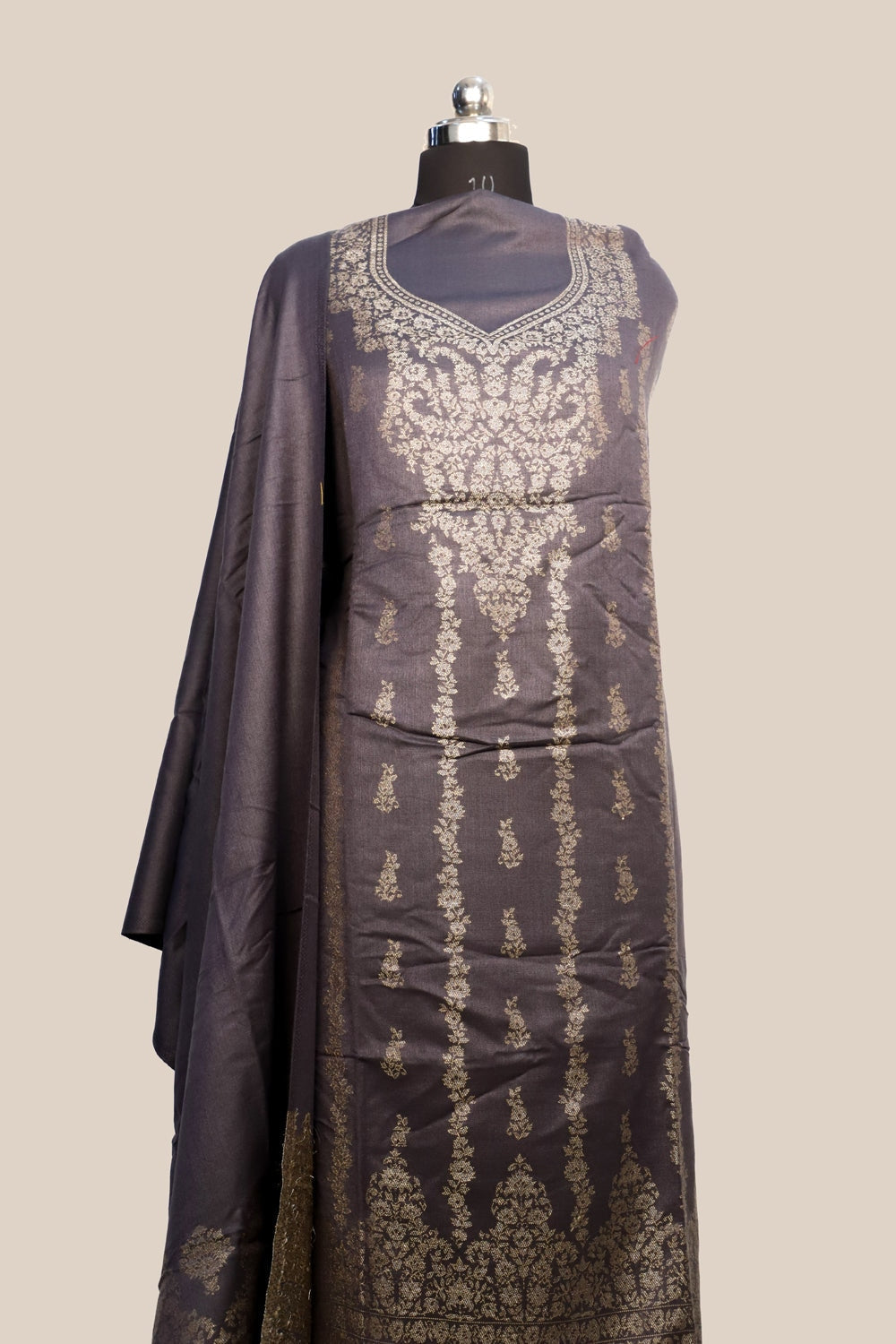 Grey Color Woolen Kashmiri Kani Work Unstitched Suit Fabric