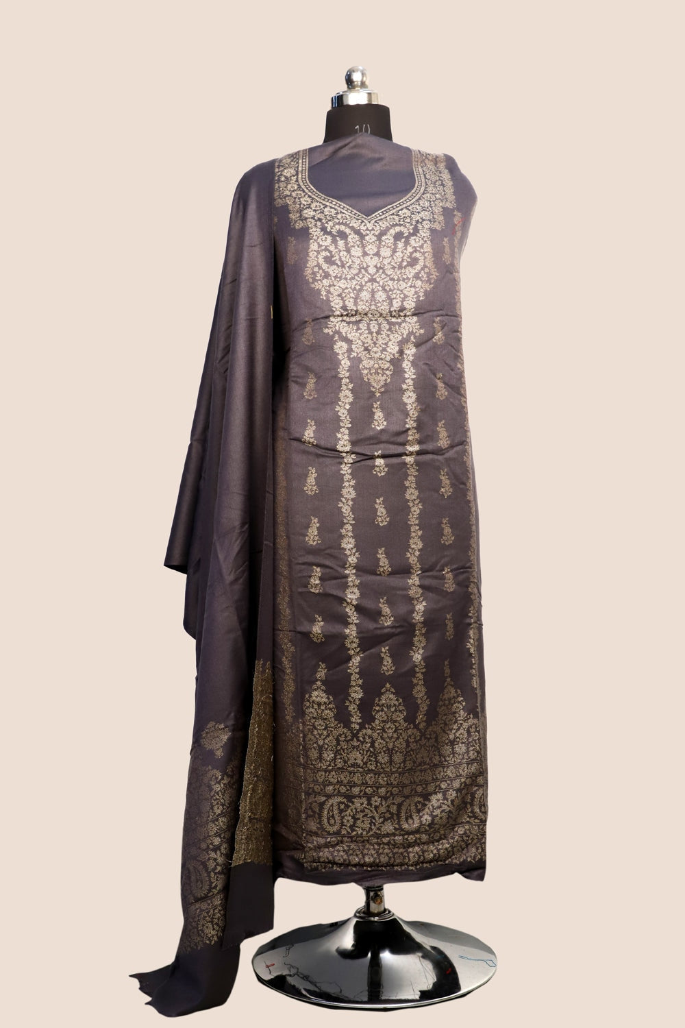 Grey Color Woolen Kashmiri Kani Work Unstitched Suit Fabric