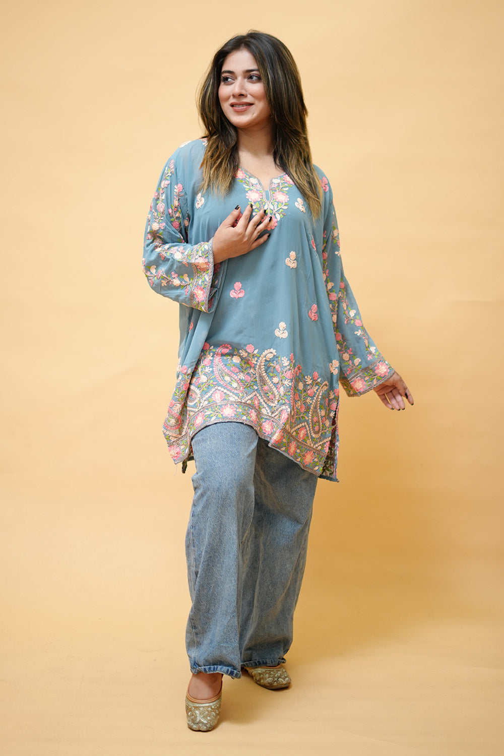 Grey Colour Aari Work Neck Short Kashmiri Kurti With Thread