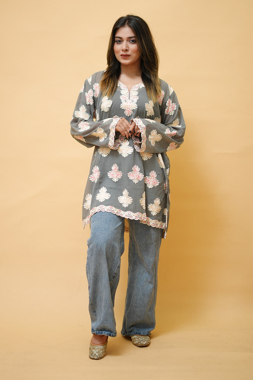 Grey Colour Aari Work Neck Short Kashmiri Kurti With Thread