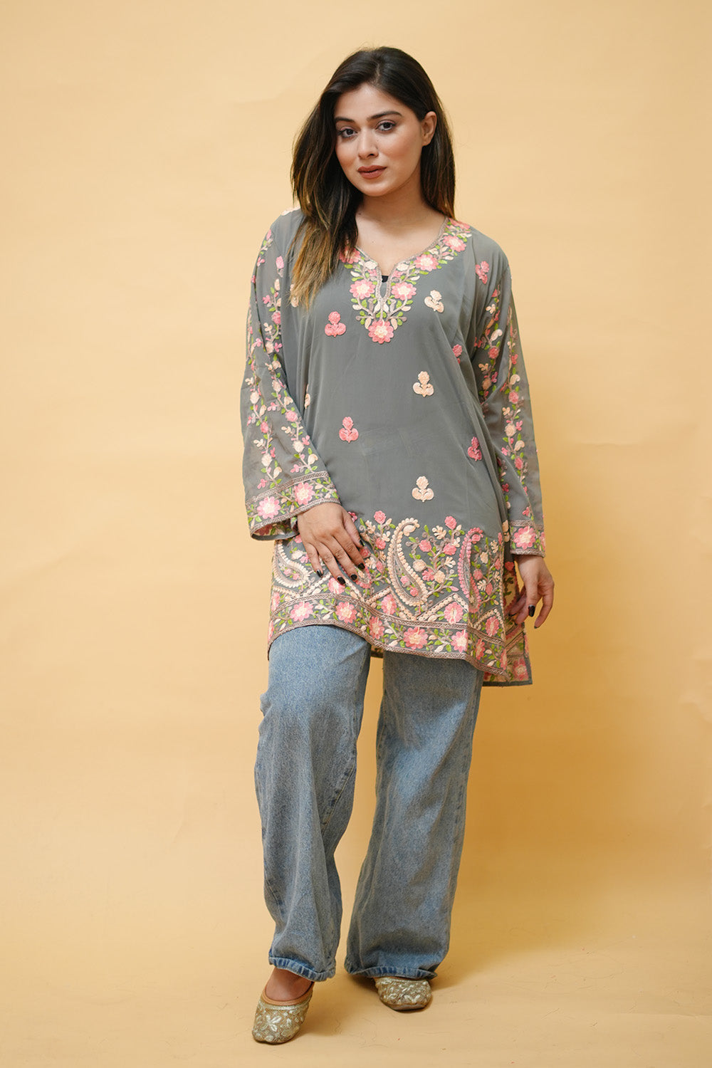 Grey Colour Aari Work Neck Short Kashmiri Kurti With Thread