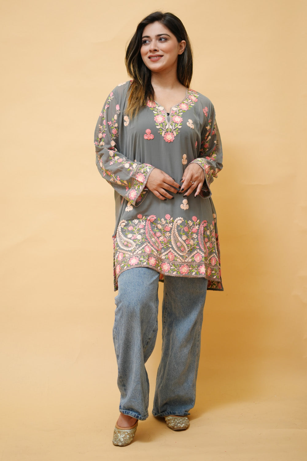 Grey Colour Aari Work Neck Short Kashmiri Kurti With Thread