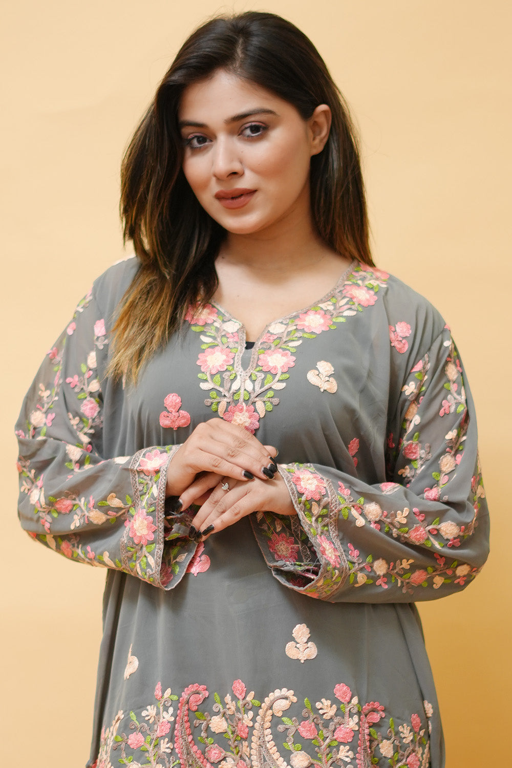 Grey Colour Aari Work Neck Short Kashmiri Kurti With Thread