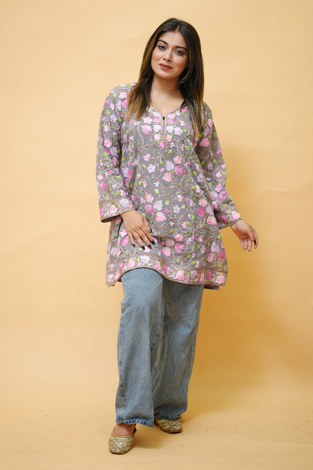 Grey Colour Aari Work Neck Short Kashmiri Kurti With Thread
