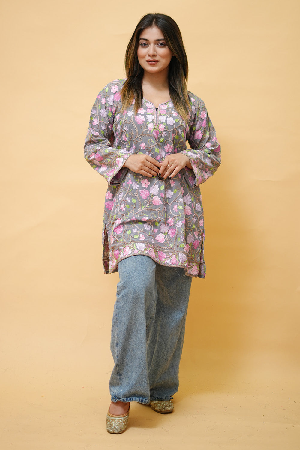 Grey Colour Aari Work Neck Short Kashmiri Kurti With Thread