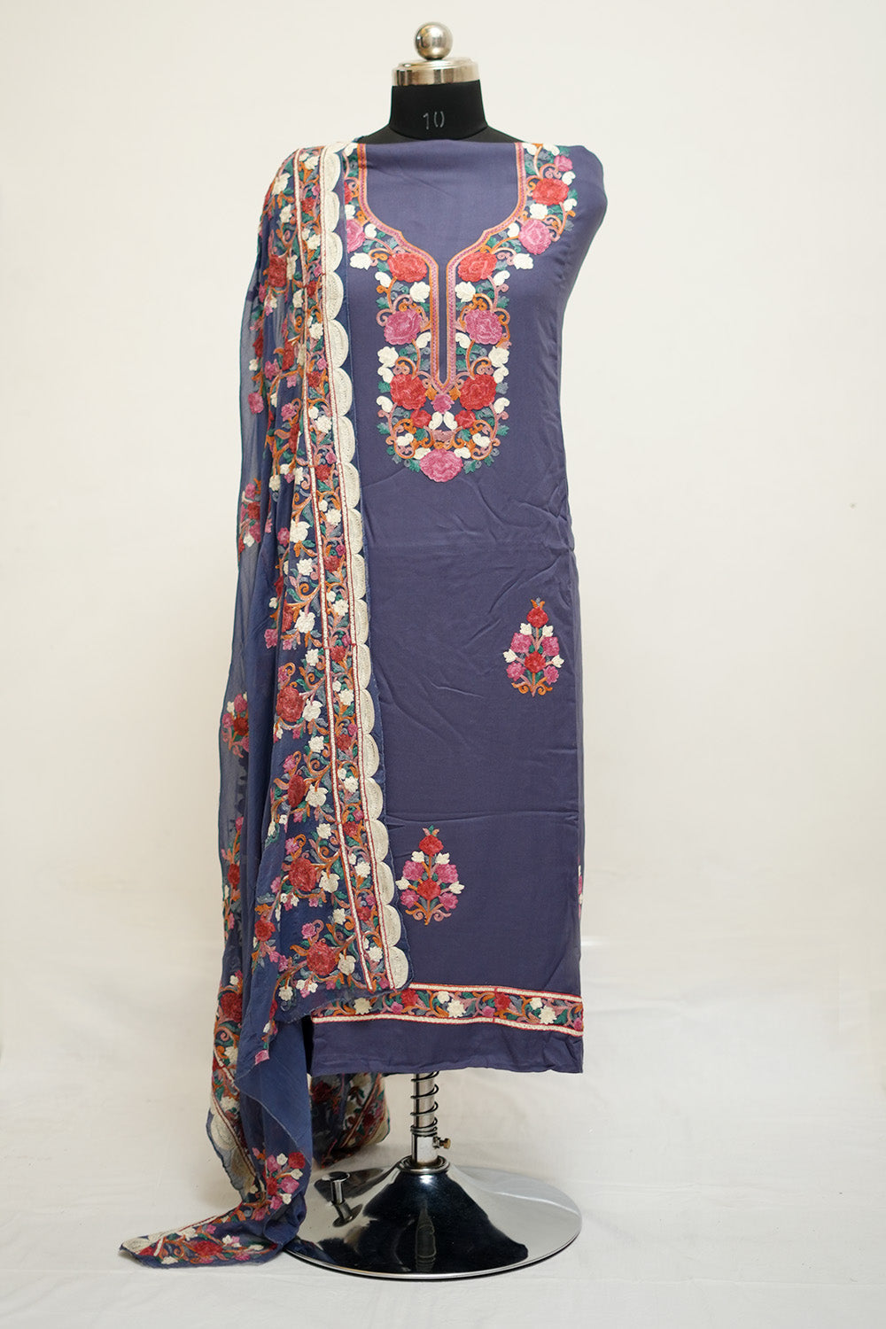 Grey Colour Aari Work Salwar Kameez With Neckline Pattern