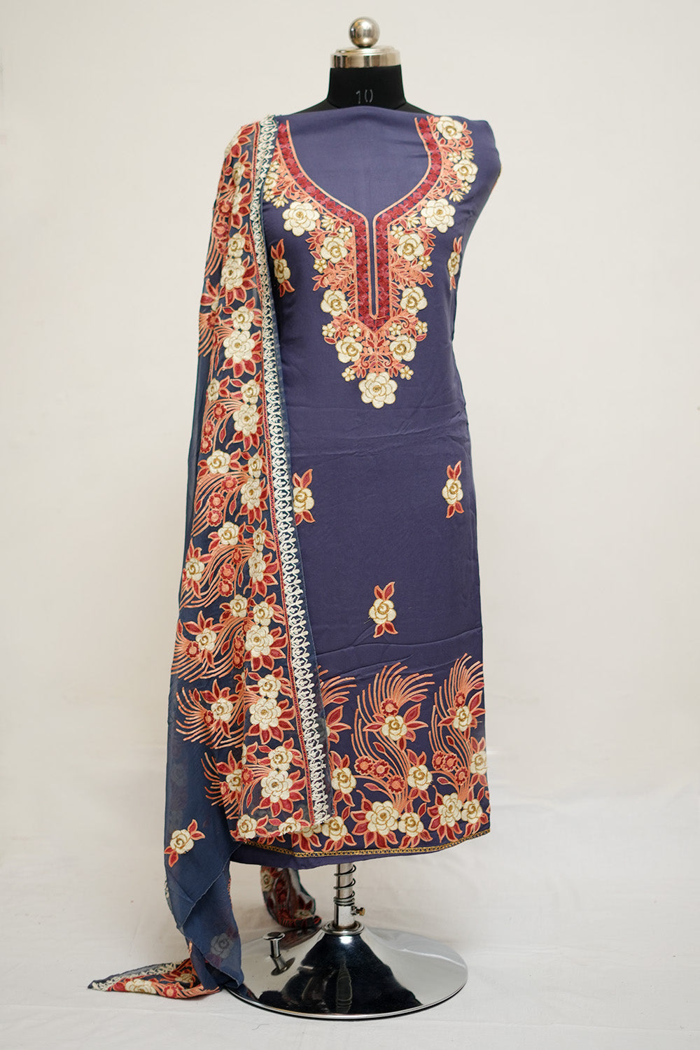 Grey Colour Aari Work Salwar Kameez With Neckline Pattern