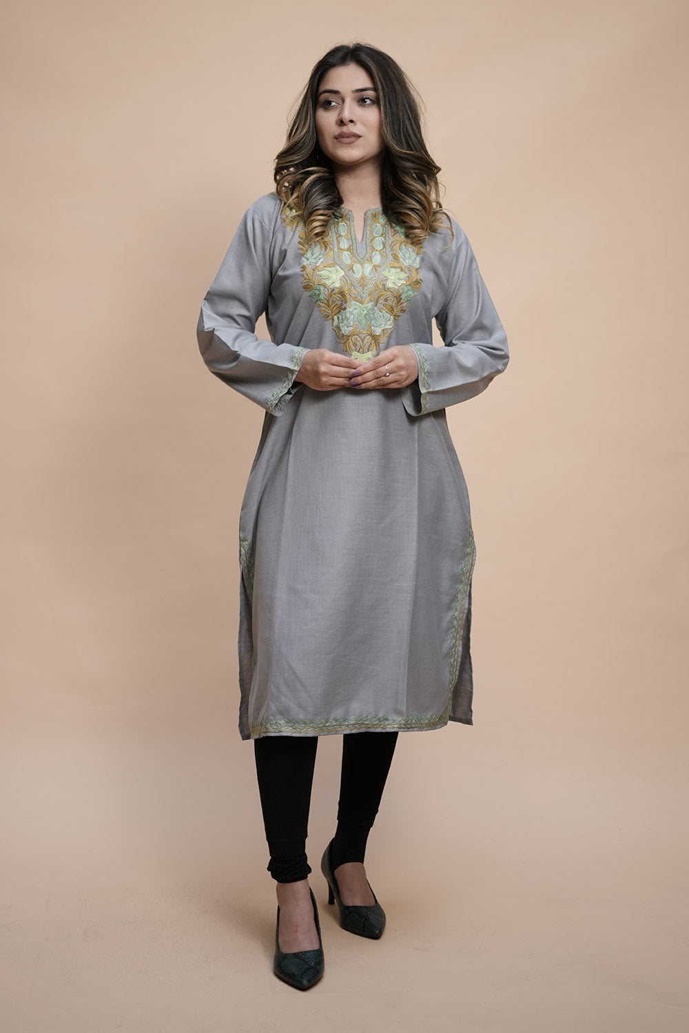 Grey Colour Cotton Kurti With Kashmiri Motifs Latest