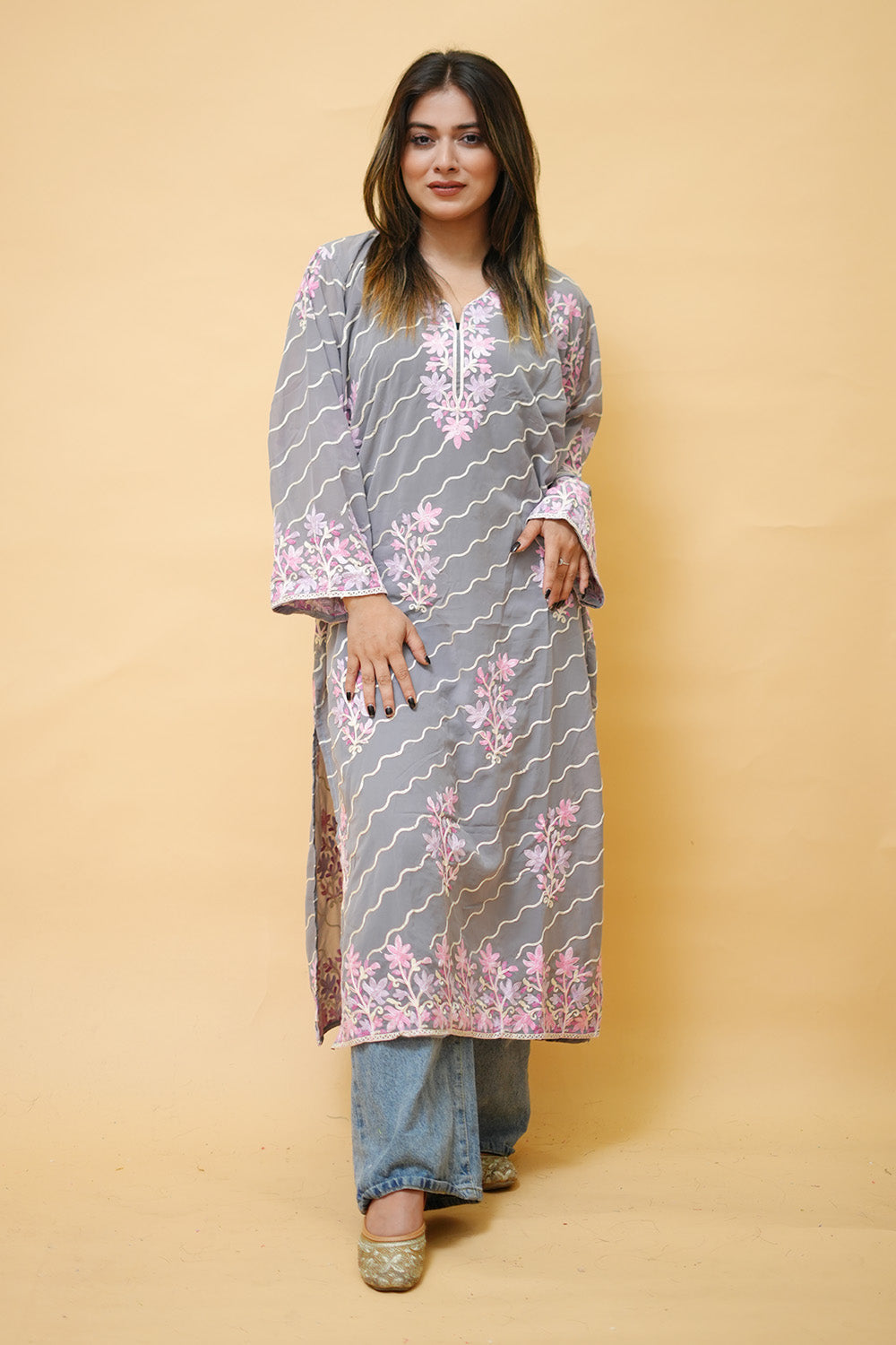 Grey Diagonal Kashmiri Kurti With Multicolour all over