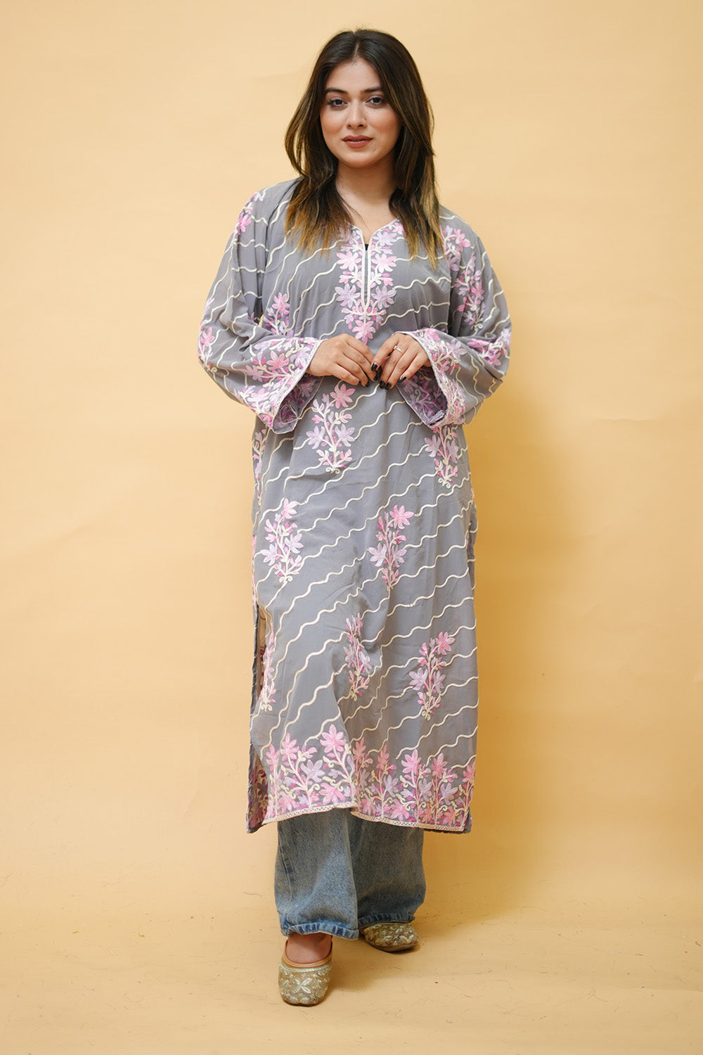Grey Diagonal Kashmiri Kurti With Multicolour all over