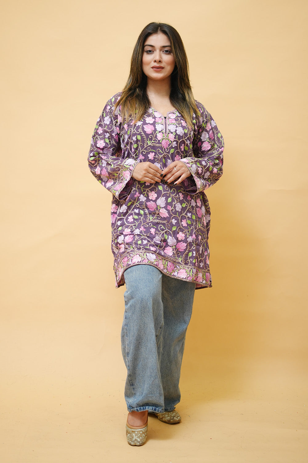 Lavender Colour Aari Work Neck Short Kashmiri Kurti