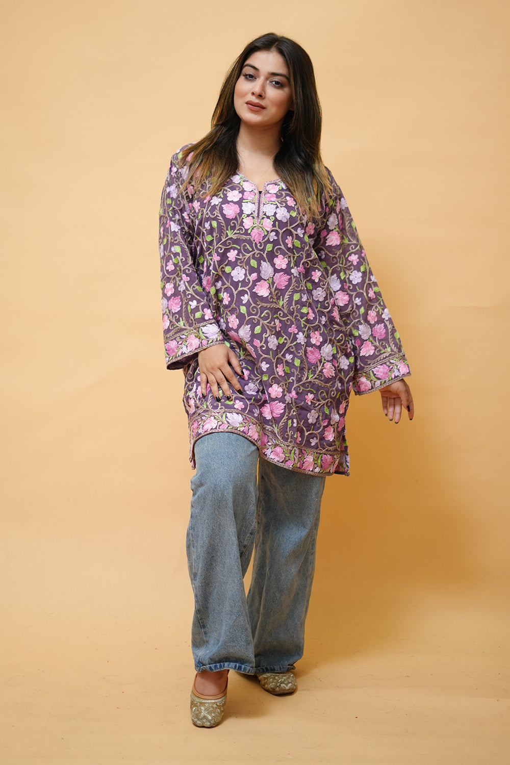 Lavender Colour Aari Work Neck Short Kashmiri Kurti