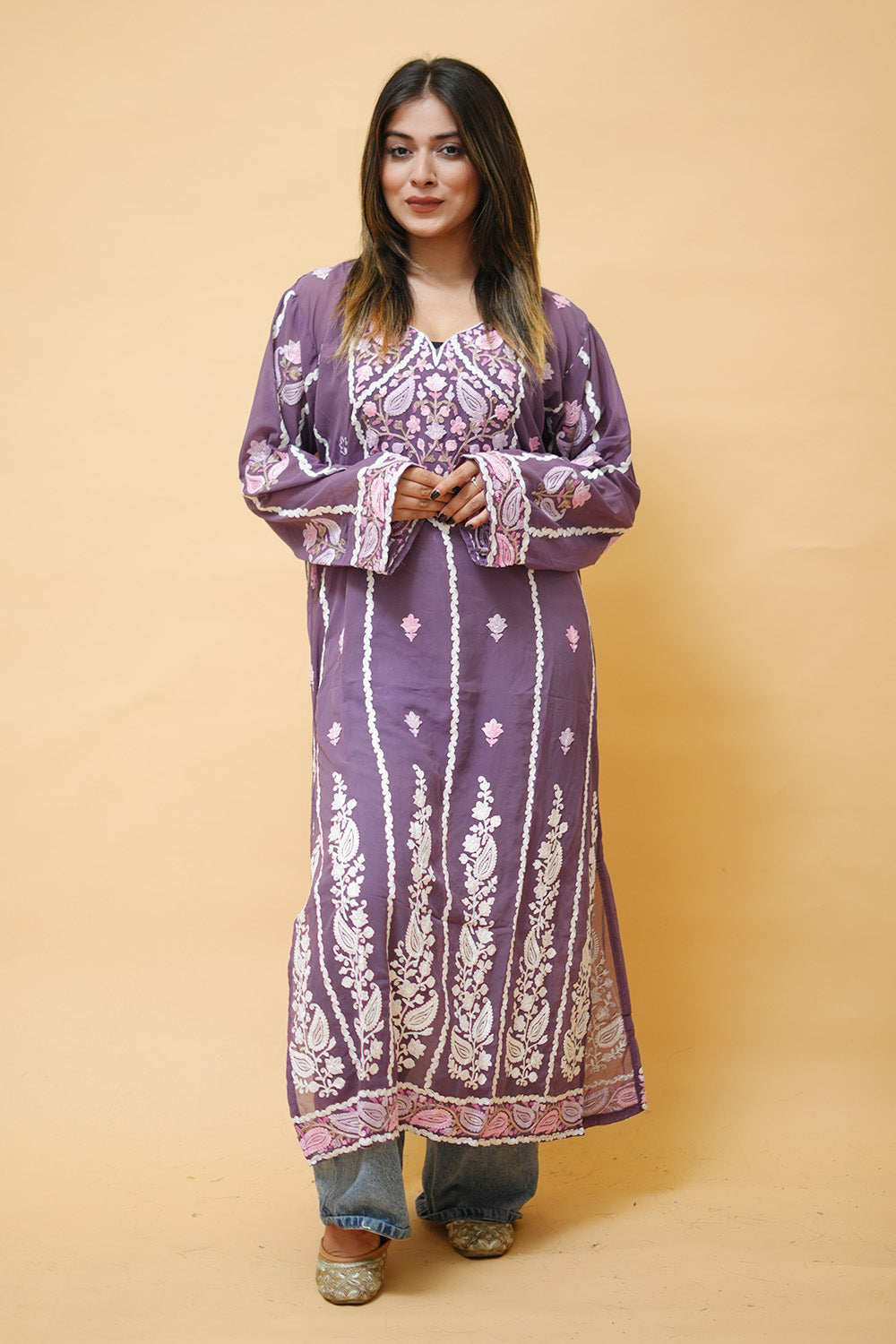 Lavender Lining Kashmiri Kurti With Multicolour all over