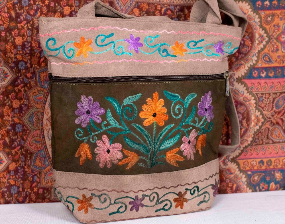 Suede Leather Kashmiri Work Shoulder Bag