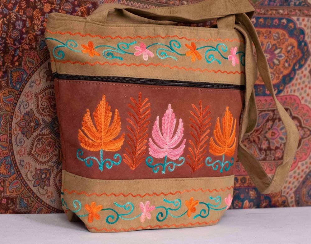 Suede Leather Kashmiri Work Shoulder Bag