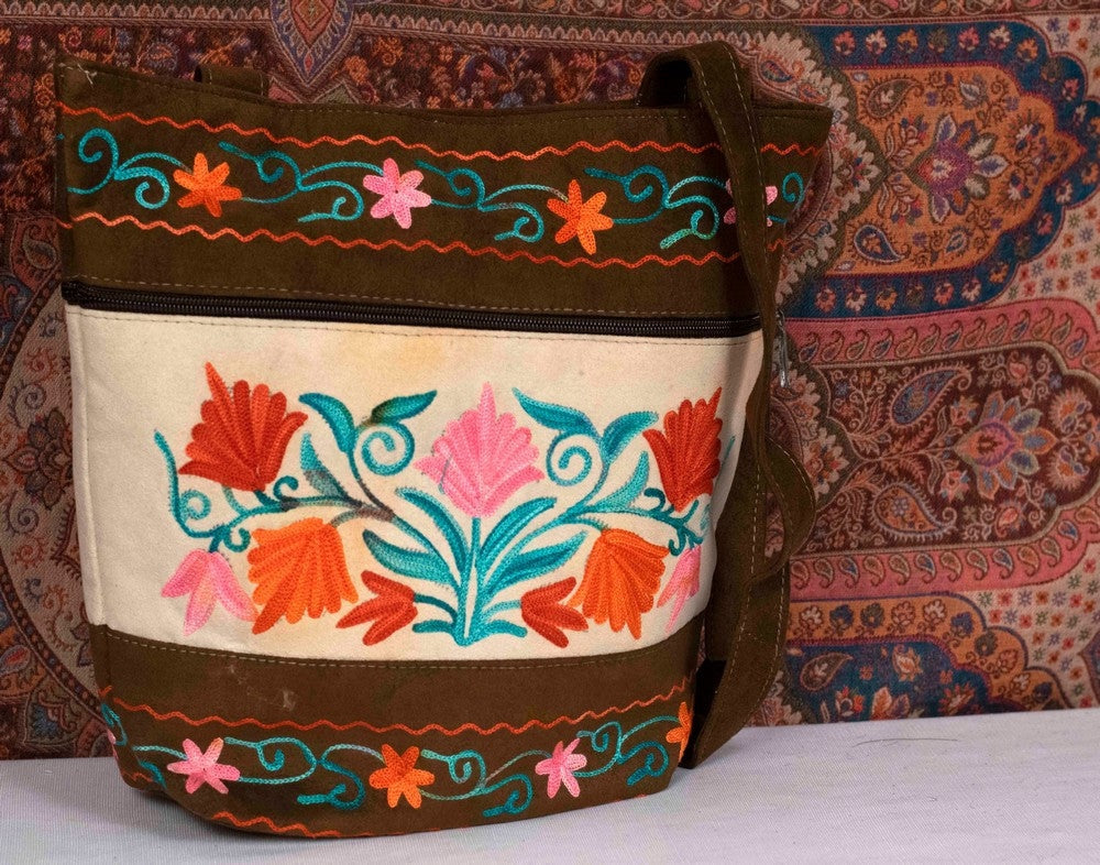 Suede Leather Kashmiri Work Shoulder Bag