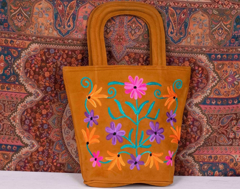 Suede Leather Kashmiri Work Hand Bag