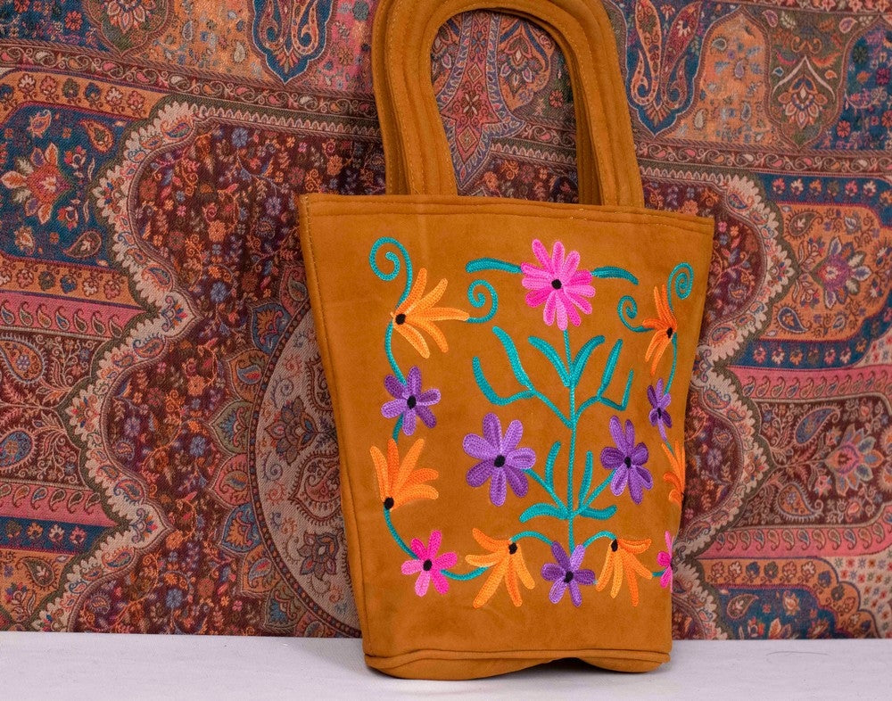 Suede Leather Kashmiri Work Hand Bag