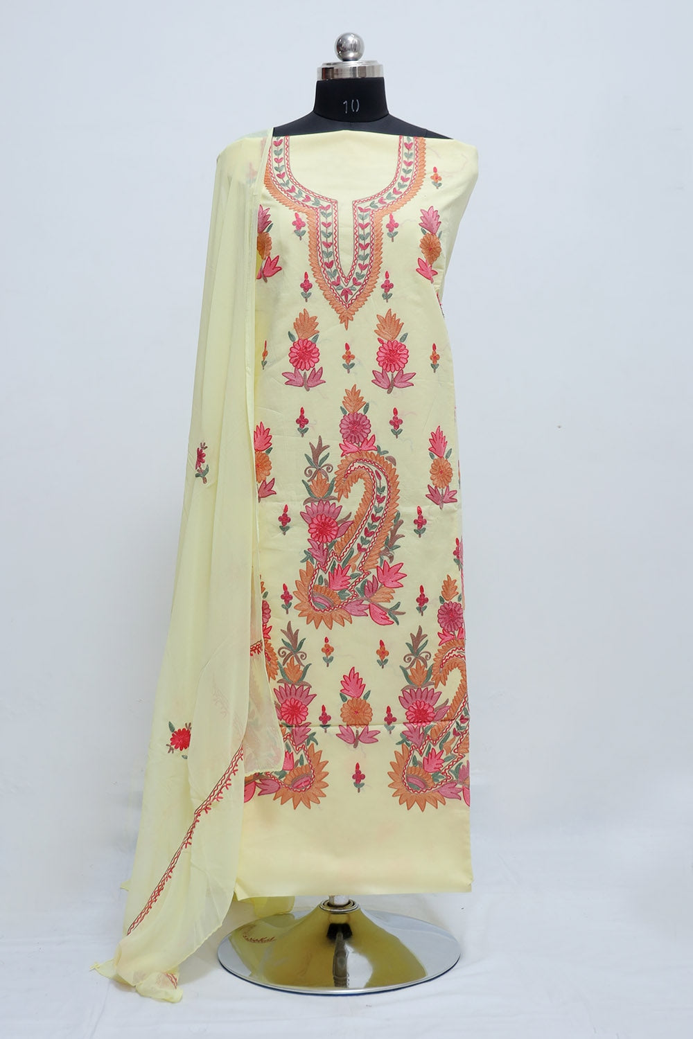 Lemon Colour Designer Aari Work Suit With Floral Motif